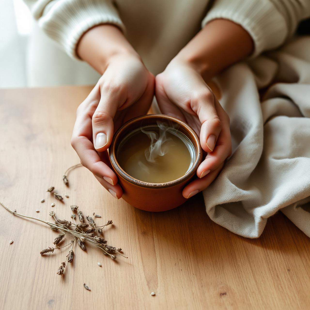 Manos sosteniendo una taza de té caliente en una mesa de madera con hierbas secas