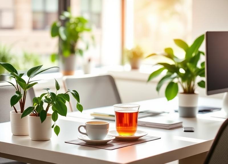 Escritorio luminoso con plantas y taza de té, ambiente de pausa