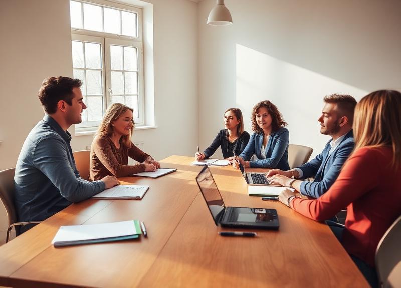Equipo en una sala de reuniones con cuadernos y luz natural