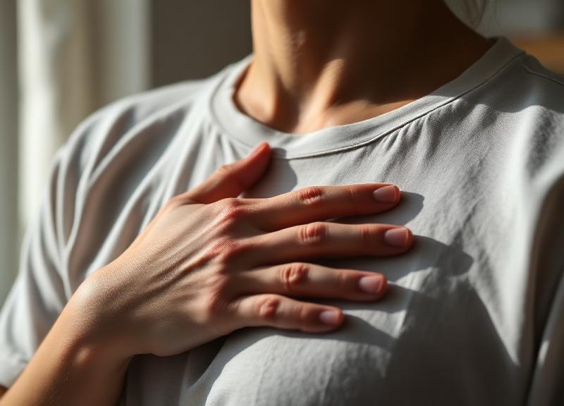 Mano apoyada sobre el pecho en un gesto de respiración consciente