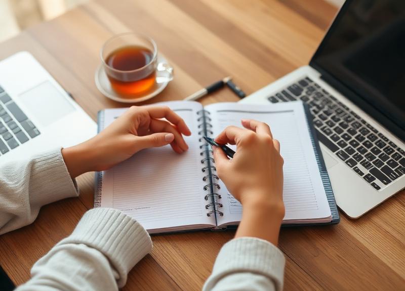 Manos organizando una agenda junto a laptop y taza de té