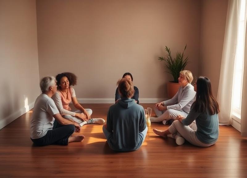 Grupo pequeño de personas sentadas en círculo en una sala cálida