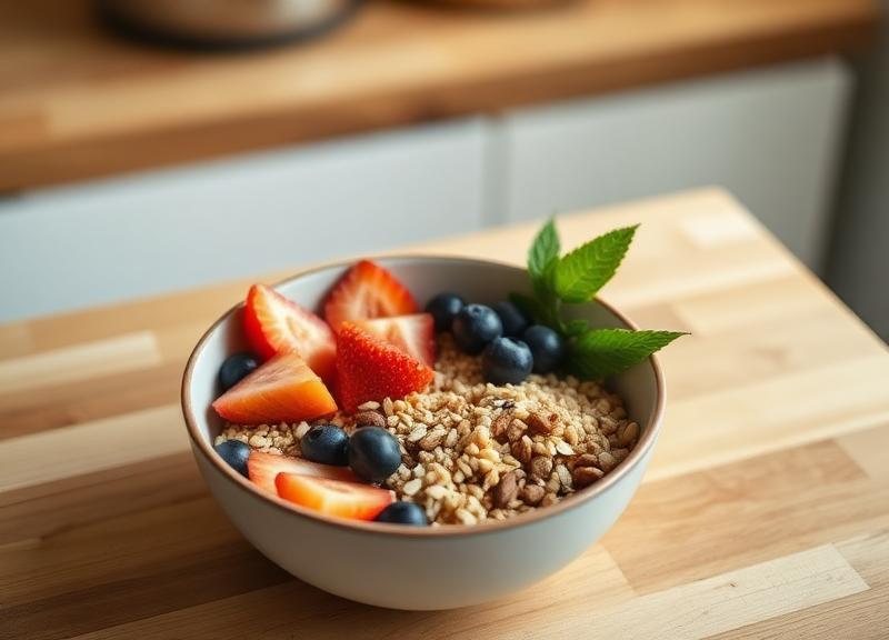 Bowl con frutas frescas y granos sobre una mesa de cocina