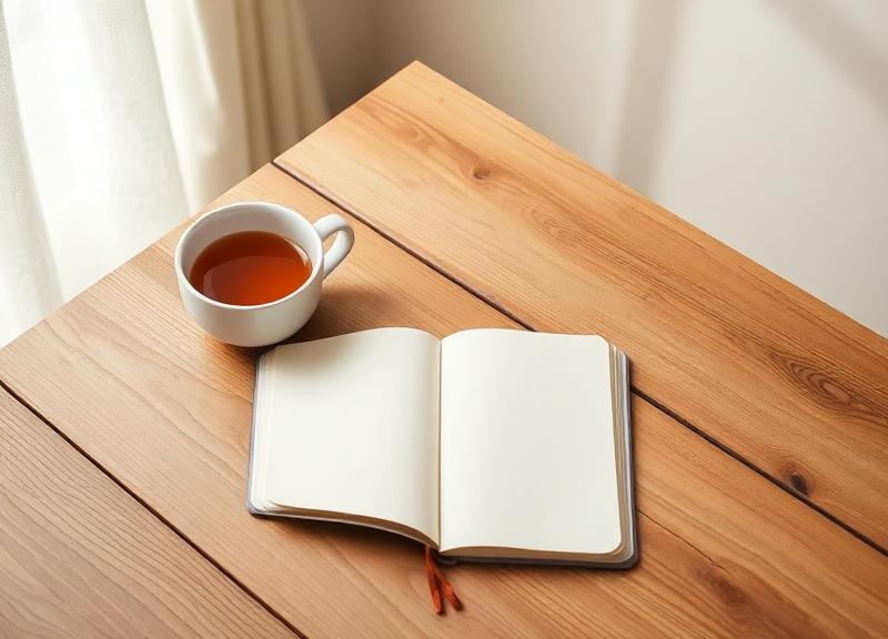 Mesa de madera con cuaderno abierto y taza de té bajo luz natural cálida