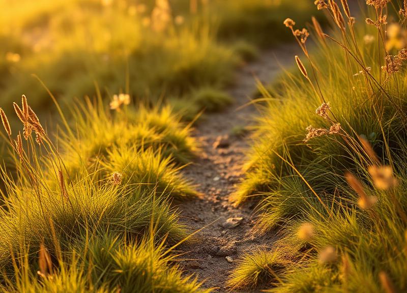 Sendero suave entre pasto con luz dorada del atardecer
